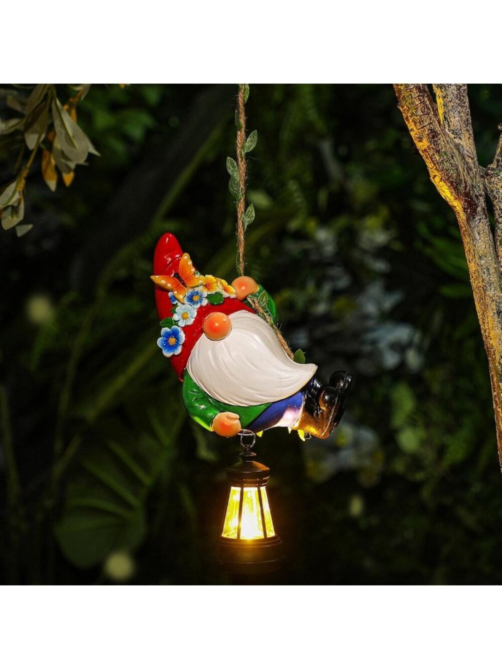 Solar Hanging Gnome Statue with LED Lantern - Waterproof Outdoor Decor for Yard